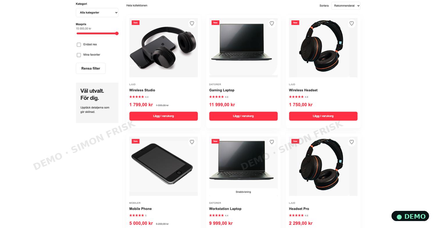 Gevice – Produktlista (demo)